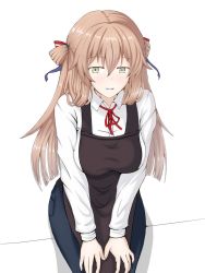 Rule 34 | 1girl, alternate costume, apron, bad id, bad pixiv id, blue pants, blush, breasts, brown hair, collared shirt, girls&#039; frontline, green eyes, hair between eyes, hair ribbon, hair rings, hands on own knees, large breasts, leaning forward, long hair, long sleeves, looking at viewer, neck ribbon, pants, parted lips, physisyoon, red ribbon, ribbon, shirt, sidelocks, simple background, smile, solo, springfield (girls&#039; frontline), twintails, white background, white shirt