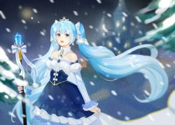 Rule 34 | 1girl, bare shoulders, blue eyes, blue gemstone, blue hair, blue skirt, blurry, breasts, brooch, cowboy shot, crystal, depth of field, detached collar, detached sleeves, dress, fortissimo, gem, hair ornament, hair ribbon, hatsune miku, holding, holding staff, jewelry, juliet sleeves, layered skirt, long hair, long sleeves, looking at viewer, musical note, musical note hair ornament, necklace, negai (48282230), night, open mouth, outdoors, parted lips, puffy sleeves, ribbon, skirt, skirt hold, small breasts, snowing, solo, staff, strapless, strapless dress, tiara, tree, two side up, underbust, very long hair, vocaloid, yuki miku