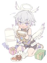 Rule 34 | 1boy, @ @, angel, angel wings, bare shoulders, bike shorts, blade (galaxist), blush, book, box, chocolate, commentary request, croissant, d:, detached sleeves, food, gift, hair between eyes, halo, holding, holding book, looking at viewer, low wings, luke venus, male focus, open mouth, plate, pointy ears, pop-up story, purple eyes, sandals, silver hair, simple background, sitting, solo, stuffed animal, stuffed toy, vest, white background, wings
