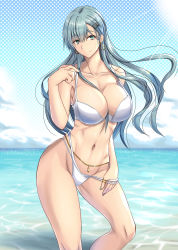 Rule 34 | 1girl, absurdres, aqua hair, beach, belly chain, bikini, breasts, checkered background, cleavage, collarbone, day, earrings, green eyes, hair between eyes, hair ornament, hairclip, hand under clothes, highres, jewelry, kantai collection, long hair, looking at viewer, luna (gunfire), navel, outdoors, ring, sidelocks, skindentation, solo, standing, strap gap, suzuya (kancolle), swimsuit, white bikini