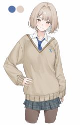 Rule 34 | 1girl, arm at side, blouse, blue necktie, bob cut, brown eyes, closed mouth, collared shirt, color guide, cropped legs, hand on own hip, highres, light brown hair, long hair, looking at viewer, nao 0829 17, necktie, original, pantyhose, plaid, plaid skirt, pleated skirt, shirt, short hair, simple background, skirt, solo, sweater, white background, white shirt