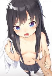 Rule 34 | 1boy, 1girl, asashio (kancolle), black hair, black skirt, black thighhighs, blue eyes, blurry, blush, breasts, collarbone, commentary request, depth of field, dx (dekusu), fingernails, foreshortening, head tilt, highres, holding, holding another&#039;s wrist, holding clothes, holding shirt, kantai collection, long hair, naked suspenders, navel, open mouth, out of frame, pleated skirt, shirt, unworn shirt, skirt, small breasts, solo focus, suspender skirt, suspenders, sweat, thighhighs, topless, twitter username, white background, white shirt