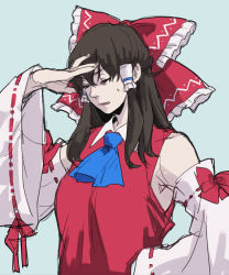Rule 34 | 1girl, annoyed, asakura noi, ascot, black hair, blue background, bow, breasts, detached sleeves, facepalm, frilled bow, frills, hair bow, hair tubes, hakurei reimu, hand on own hip, hand up, long hair, red shirt, ribbon-trimmed sleeves, ribbon trim, shirt, simple background, sketch, sleeveless, sleeveless shirt, solo, sweatdrop, touhou, upper body, wide sleeves