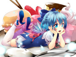 Rule 34 | 1girl, asagi yuna, bad id, bad pixiv id, bloomers, blue eyes, blue hair, bow, cake, cirno, dress, fang, food, fruit, hair bow, hands on own cheeks, hands on own face, high heels, highres, looking at viewer, lying, macaron, matching hair/eyes, mini person, minigirl, on stomach, open mouth, short hair, solo, spoon, strawberry, thighhighs, touhou, underwear, white thighhighs, wings