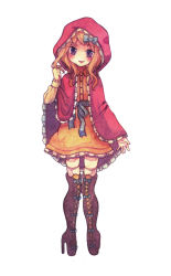 Rule 34 | 1girl, blush, boots, bow, brown hair, child, curly hair, dress, hantoumei namako, highres, holding, holding own hair, hood, little red riding hood, ribbon, simple background, solo, thighhighs, white background