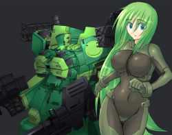 Rule 34 | 1girl, anti-materiel rifle, armored core, armored core: for answer, bodysuit, breasts, from software, green eyes, green hair, gun, impossible clothes, impossible shirt, large breasts, long hair, may greenfield, mecha, ment, merrygate, navel, rifle, robot, shirt, skin tight, sniper rifle, weapon