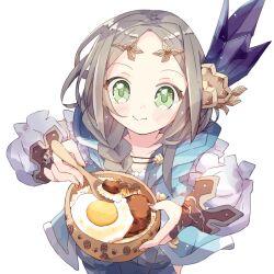 Rule 34 | 1girl, atelier (series), atelier firis, blue jacket, blush, bowl, braid, brown hair, closed mouth, commentary request, crystal hair ornament, eating, firis mistlud, food, fried egg, green eyes, grey hair, holding, holding bowl, holding spoon, hood, hood down, jacket, long hair, long sleeves, meat, parted bangs, rice, sanpo, simple background, single braid, solo, spoon, upper body, white background