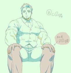 Rule 34 | 1boy, bad tag, bara, cardfight!! vanguard, character request, expressionless, facial hair, feet out of frame, goatee stubble, hair slicked back, large pectorals, looking at viewer, male focus, mature male, muscular, muscular male, nagasaku tomokatsu, official art, pants, pectorals, production art, short hair, solo, stubble, thick eyebrows, thighs, tight clothes, translation request, vest
