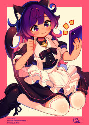 Rule 34 | 1girl, absurdres, animal ear fluff, animal ears, apron, black dress, black footwear, black neckwear, blush, border, cat ears, cat tail, commission, copyright request, dress, frilled apron, frills, gradient hair, highres, holding, holding phone, huge filesize, jewelry, long hair, moai (more e 4km), multicolored hair, over-kneehighs, phone, pink border, pink hair, purple hair, ring, shoes, skeb commission, solo, tail, thighhighs, white apron, white background, white thighhighs