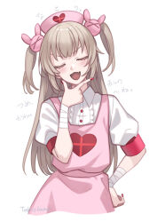 Rule 34 | 1girl, artist name, bandaged wrist, bandages, blush, brown hair, center frills, chestnut mouth, collared shirt, commentary request, cropped legs, facing viewer, fang, frills, hair ornament, hand on own chin, hand on own hip, hat, head tilt, heart, heart print, long hair, natori sana, nurse, nurse cap, open mouth, puffy short sleeves, puffy sleeves, rabbit hair ornament, red nails, sana channel, shirt, short sleeves, simple background, skin fang, smile, smug, solo, straight-on, stroking own chin, toshio, translation request, two side up, v-shaped eyebrows, virtual youtuber, white background, white shirt