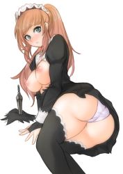 Rule 34 | 1girl, ass, blue eyes, blush, breasts, brown hair, curvy, dagger, dress, eye contact, fallen down, felicia (fire emblem), fire emblem, fire emblem fates, hair ornament, headband, highres, knife, long hair, looking at another, looking at viewer, maid, medium breasts, nintendo, nipples, open mouth, panties, pink hair, ponytail, skirt, solo, thighhighs, torn clothes, transparent background, tridis, tridisart, underwear, weapon
