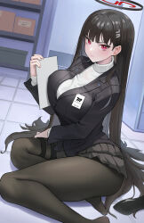 Rule 34 | 1girl, absurdres, black hair, black pantyhose, black skirt, blazer, blue archive, blunt bangs, blush, box, breasts, bright pupils, hair ornament, hairclip, halo, highres, holding, holding tablet pc, holster, ildy, jacket, large breasts, long hair, long sleeves, looking at viewer, on floor, pantyhose, pleated skirt, red eyes, revision, rio (blue archive), shelf, shoes, unworn shoes, skirt, solo, sweater, tablet pc, thigh holster, tile floor, tiles, turtleneck, turtleneck sweater, v-shaped eyebrows, very long hair, white sweater