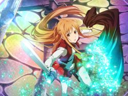 Rule 34 | 1girl, asuna (sao), braid, brown eyes, brown hair, floating hair, french braid, from above, game cg, holding, holding sword, holding weapon, long hair, long sleeves, miniskirt, open clothes, open mouth, open vest, pantyhose, pleated skirt, red skirt, red vest, shirt, skirt, solo, sword, sword art online, sword art online: alicization, sword art online: alicization rising steel, sword art online: unleashed blading, very long hair, vest, weapon, white pantyhose, white shirt
