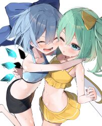 Rule 34 | 2girls, absurdres, bare arms, bare legs, bare shoulders, barefoot, bikini, black shorts, blue bikini, blue bow, blue hair, blush, bow, cirno, closed eyes, collarbone, daiyousei, detached wings, fairy, fairy wings, green eyes, green hair, hair between eyes, hair bow, highres, hug, ice, ice wings, long hair, multiple girls, open mouth, short hair, shorts, side ponytail, simple background, smile, swimsuit, touhou, tsune (tune), white background, wings, yellow bikini