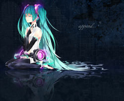 Rule 34 | 1girl, absurdres, aqua hair, bad id, bad pixiv id, barefoot, bridal gauntlets, elbow gloves, closed eyes, gloves, hatsune miku, hatsune miku (append), highres, japu (pu san love), long hair, navel, necktie, reflection, sitting, solo, thighhighs, twintails, very long hair, vocaloid, vocaloid append