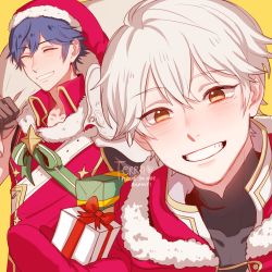 Rule 34 | 2boys, blue hair, blush, cape, christmas, chrom (fire emblem), chrom (winter) (fire emblem), fire emblem, fire emblem awakening, fire emblem heroes, gloves, highres, looking at viewer, male focus, multiple boys, nintendo, robe, robin (fire emblem), robin (male) (fire emblem), robin (male) (winter) (fire emblem), santa costume, short hair, simple background, smile, tecchi kun, white background, white hair