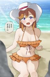 1girl alternate_breast_size barkhorn0331 beach bikini breasts cleavage hat large_breasts looking_at_viewer love_live! love_live!_superstar!! navel on_floor orange_bikini orange_hair purple_eyes sand shibuya_kanon swimsuit water