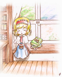 Rule 34 | 1girl, alice margatroid, aris, ascot, blonde hair, blue dress, blush, book, book stack, bookshelf, capelet, closed eyes, dress, hairband, holding, holding book, open mouth, sash, shanghai doll, short hair, sitting, sleeping, table, touhou, triangle mouth, window, wooden floor