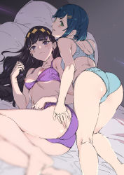 Rule 34 | 2girls, ass, back, black hair, blue bra, blue hair, blue panties, bow, bow bra, bra, bra pull, braid, breasts, clothes pull, delicious party precure, french braid, frown, fuwa kokone, green eyes, hair ornament, hairclip, hand on another&#039;s ass, hand on own stomach, highres, kasai amane, long hair, looking at viewer, looking back, lying, medium breasts, multiple girls, navel, nipple slip, nipples, on side, panties, parted lips, precure, purple bra, purple eyes, purple panties, short hair, sketch, sugarbeat, trefoil, underwear, underwear only, wavy hair