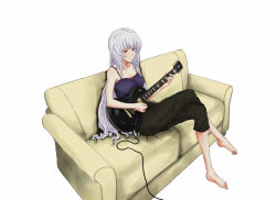 Rule 34 | 00s, 1girl, bad id, bad pixiv id, barefoot, capri pants, couch, feet, gibson, guitar, highres, instrument, crossed legs, gibson les paul, long hair, aged up, onoguru, pants, red eyes, rozen maiden, silver hair, sitting, solo, suigintou, tank top