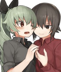 Rule 34 | 10s, 2girls, anchovy (girls und panzer), black neckwear, black ribbon, blouse, blush, brown eyes, brown hair, colored eyelashes, drill hair, girls und panzer, green hair, grey shirt, hair between eyes, highres, lips, long hair, looking at another, multiple girls, necktie, nishizumi maho, one eye closed, open mouth, red eyes, red shirt, ribbon, seramikku, shirt, short sleeves, twin drills, twintails, upper body