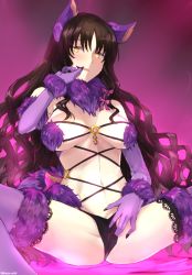 Rule 34 | 10s, 1girl, animal ears, bare shoulders, black hair, cameltoe, cosplay, detached collar, elbow gloves, fate/extra, fate/extra ccc, fate/grand order, fate (series), fur, gloves, long hair, mash kyrielight, mash kyrielight (dangerous beast), mash kyrielight (dangerous beast) (cosplay), navel, official alternate costume, sessyoin kiara, shielder (fate/grand order) (cosplay), solo, somechime (sometime1209), spread legs, squatting, thighhighs, wavy hair, yellow eyes