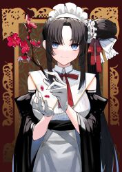 Rule 34 | 1girl, alternate costume, apron, black hair, blue eyes, branch, breasts, closed mouth, commentary, detached sleeves, eyebrows hidden by hair, falling petals, fate/grand order, fate (series), flower, gloves, hair bun, highres, holding, holding branch, holding flower, long bangs, long hair, looking at viewer, maid, maid apron, maid headdress, medium breasts, o mochi (usami31mi), open hand, petals, red ribbon, ribbon, side ponytail, single side bun, smile, solo, ushiwakamaru (fate), white gloves, white headwear, wide sleeves