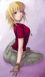 Rule 34 | 00s, 1girl, arm support, blonde hair, brown gloves, cagalli yula athha, dog tags, gloves, gundam, gundam seed, looking back, pants, short hair, sitting, solo, yellow eyes