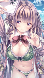 Rule 34 | 1girl, blue sky, bra, breasts, brown eyes, brown hair, brown jacket, cellphone, cleavage, cloud, collared shirt, commentary request, day, frilled bra, frills, gluteal fold, green bra, green panties, highres, holding, holding phone, jacket, jirai kei, large breasts, looking at viewer, navel, open clothes, open mouth, open shirt, original, outdoors, panties, phone, roller coaster, ryo (botugo), selfie, shirt, sidelocks, sky, smartphone, smile, solo, standing, two side up, underwear, v, white shirt