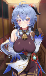 Rule 34 | 1girl, absurdres, ahoge, bare shoulders, bell, black gloves, black leotard, black pantyhose, blue hair, blush, bodystocking, bodysuit, book, breasts, chinese knot, cowboy shot, detached sleeves, flower knot, ganyu (genshin impact), genshin impact, gloves, gold trim, groin, highres, holding, holding book, horns, indoors, jimwh37, large breasts, leotard, leotard under clothes, long hair, looking at viewer, medium breasts, neck bell, open mouth, pantyhose, purple eyes, sidelocks, solo, tassel, thigh gap, thighlet, thighs, vision (genshin impact), white sleeves
