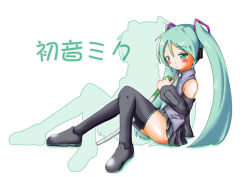 Rule 34 | 1girl, black thighhighs, blouse, collared shirt, female focus, from side, full body, grey shirt, hatsune miku, long hair, looking at viewer, sch, shirt, sleeveless, sleeveless shirt, solo, spring onion, thighhighs, translated, twintails, very long hair, vocaloid, white background