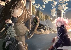 Rule 34 | 2girls, absurdres, ammunition pouch, ar-15, armband, assault rifle, bare shoulders, black gloves, breasts, brown eyes, brown hair, brown sweater, buckle, building, cityscape, closed mouth, clothes around waist, cloud, coat, evening, floating hair, gauntlets, girls&#039; frontline, gloves, gun, hair between eyes, hair ornament, headphones, highres, holding, holding gun, holding strap, holding weapon, hsubo, jacket, jacket around waist, long hair, looking at another, looking at viewer, m4 carbine, m4a1 (girls&#039; frontline), m4a1 (mod3) (girls&#039; frontline), machinery, medium breasts, mod3 (girls&#039; frontline), multicolored hair, multiple girls, outdoors, parted lips, pink eyes, pink hair, ponytail, pouch, ribbed sweater, rifle, road, ruins, scarf, scenery, sidelocks, st ar-15 (girls&#039; frontline), st ar-15 (mod3) (girls&#039; frontline), strap, streaked hair, sunset, sweater, sweater vest, weapon, weapon case, wind