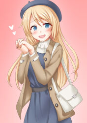 Rule 34 | 1girl, anti (untea9), bag, beret, blonde hair, blue dress, blue eyes, blue hat, brown coat, coat, cowboy shot, dress, gradient background, hat, highres, jervis (kancolle), kantai collection, long hair, official alternate costume, own hands clasped, own hands together, pink background, smile, solo