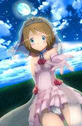 Rule 34 | 10s, 1girl, aki (yunkana), arm behind back, bare shoulders, blonde hair, blush, breasts, bride, cameltoe, closed mouth, cloud, cowboy shot, creatures (company), dress, dutch angle, elbow gloves, female focus, flower, game freak, gloves, gluteal fold, highres, looking at viewer, moon, night, nintendo, outdoors, outstretched arm, outstretched hand, panties, pantyshot, pink dress, pink gloves, plant, pokemon, pokemon (anime), pokemon xy, pokemon xy (anime), rose, serena (pokemon), sky, small breasts, solo, standing, star (symbol), tiara, underwear, veil, wedding dress, white panties