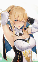 Rule 34 | 1girl, 7t, ;o, absurdres, adjusting hair, armpits, arms up, blonde hair, blush, breasts, capelet, cleavage, detached sleeves, genshin impact, gloves, hair ribbon, highres, huge filesize, jean (genshin impact), large breasts, long sleeves, one eye closed, open mouth, ponytail, ribbon, sleeveless, solo