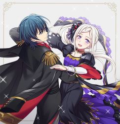 Rule 34 | 1boy, 1girl, black dress, blue eyes, blue hair, blush, byleth (fire emblem), byleth (male) (fire emblem), cape, couple, dress, edelgard von hresvelg, fire emblem, fire emblem: three houses, fire emblem heroes, fur trim, hair ornament, hat, hiyori (rindou66), juliet sleeves, long dress, long hair, long sleeves, looking at another, looking at viewer, matching hair/eyes, nintendo, open mouth, puffy sleeves, purple eyes, shawl, short hair, simple background, white background, white hair, wide sleeves