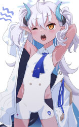 Rule 34 | 1girl, armpits, arms behind head, bare shoulders, blue archive, blush, coat, dark-skinned female, dark skin, earrings, flat chest, highres, horns, jewelry, necktie, one eye closed, open mouth, pointy ears, solo, sumomo (blue archive), teeth, tongue, twintails, white hair, yawning, yellow eyes, yucblossom