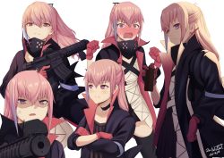 Rule 34 | 1girl, absurdres, act (xadachit), anger vein, ar-15, blush, choker, closed mouth, coat, collarbone, crossed arms, embarrassed, girls&#039; frontline, gloves, gun, hair between eyes, highres, long hair, mod3 (girls&#039; frontline), multicolored hair, multiple persona, open mouth, pink eyes, pink hair, ponytail, pout, rifle, shaded face, sidelocks, simple background, st ar-15 (girls&#039; frontline), st ar-15 (mod3) (girls&#039; frontline), streaked hair, weapon, white background