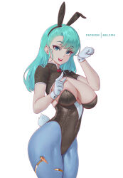 Rule 34 | 1girl, :d, absurdres, alternate costume, animal ears, aqua hair, ass, blue eyes, blue pantyhose, blush, breasts, bulma, cleavage, covered navel, curvy, dragon ball, dragon ball (classic), eyeliner, fake animal ears, gloves, hair between eyes, highleg, highleg leotard, highres, large breasts, leotard, long hair, looking at viewer, makeup, melowh, official alternate costume, open mouth, pantyhose, playboy bunny, rabbit ears, rabbit tail, simple background, smile, tail, teeth, white background, white gloves, wide hips