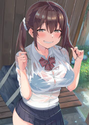 Rule 34 | 1girl, :d, bag, bench, blue bra, bow, bowtie, bra, bra visible through clothes, breasts, brown eyes, brown hair, button gap, buttons, collared shirt, grin, hair ornament, hair scrunchie, half-closed eyes, highres, large breasts, looking at viewer, naughty face, nuko (mikupantu), open mouth, original, outdoors, pleated skirt, rain, school uniform, scrunchie, see-through, shirt, skirt, sleeves rolled up, smile, solo, teeth, twintails, underwear, wet, wet clothes, wet shirt
