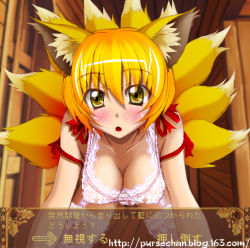 Rule 34 | 1girl, all fours, animal ears, bad id, bad pixiv id, blonde hair, blush, bra, breasts, choice, cleavage, fake screenshot, female focus, fox ears, fox tail, frills, garter straps, kitsune, kyuubi, large breasts, lingerie, long hair, multiple tails, pursechan, ribbon, solo, tail, thighhighs, touhou, translated, underwear, yakumo ran