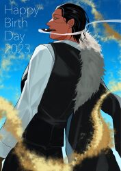 Rule 34 | 1boy, ascot, black hair, cigar, collared shirt, crocodile (one piece), feet out of frame, from behind, geokinesis, hair slicked back, half-closed eyes, happy birthday, highres, looking at viewer, looking back, male focus, mature male, nigemizu253, one piece, sand, scar, scar on face, scar on nose, shirt, short hair, smoking, solo, stitches, unamused, vest
