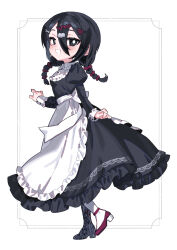 Rule 34 | 1girl, absurdres, apron, black eyes, black hair, bow, buttons, character name, collared dress, dress, frilled apron, frilled dress, frills, from side, full body, hair between eyes, hair bow, hair ornament, hairclip, high heels, highres, light blush, long hair, long sleeves, looking at viewer, low twintails, maid, maid apron, multiple hair bows, nikubou maranoshin, open mouth, original, puffy sleeves, solo, twintails, white apron, white background