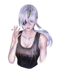 Rule 34 | 1girl, black tank top, chainsaw man, cigarette, eyepatch, flowersbloodart, grey hair, highres, holding, holding cigarette, long hair, looking at viewer, parted lips, ponytail, quanxi (chainsaw man), simple background, solo, tank top, white background