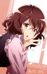 Rule 34 | 1girl, :o, bespectacled, black vest, brown eyes, brown hair, dated, frills, from side, glasses, hibike! euphonium, highres, indoors, long sleeves, looking at viewer, looking to the side, medium hair, neck ribbon, nii manabu, open mouth, oumae kumiko, over-rim eyewear, pink-framed eyewear, pink shirt, red ribbon, ribbon, semi-rimless eyewear, shirt, signature, solo, upper body, vest, white shirt, window