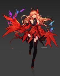 Rule 34 | 1girl, :d, ahoge, black thighhighs, detached sleeves, dress, full body, gradient background, hair between eyes, highres, long hair, open mouth, original, red dress, red eyes, reflective floor, simple background, smile, solo, swd3e2, thighhighs, turtleneck, turtleneck dress, wide sleeves