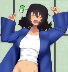 Rule 34 | 1girl, absurdres, andou (girls und panzer), black hair, breasts, cellphone, closed eyes, commentary, dark-skinned female, dark skin, facing viewer, from above, girls und panzer, groin, hanten (clothes), highres, jacket, large breasts, long sleeves, lying, medium hair, messy hair, mochi (mochiokomet), navel, on back, open clothes, open jacket, open mouth, phone, saliva, shirt, sleeping, smartphone, solo, tatami, white shirt