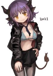 Rule 34 | 1girl, 2021, animal ears, arknights, bikini, black horns, black jacket, black skirt, blue bikini, blue necktie, breasts, brown tail, buchi0122, cleavage, closed mouth, commentary, cow ears, cow girl, cow horns, cow tail, cowboy shot, fingernails, grey pantyhose, hand on own hip, hand on own thigh, highres, horns, jacket, large breasts, light blush, long sleeves, medium hair, midriff, miniskirt, necktie, open clothes, open jacket, orange eyes, pantyhose, pleated skirt, purple hair, red jacket, sideroca (arknights), simple background, skirt, solo, sweatdrop, swimsuit, tail, two-sided fabric, two-sided jacket, white background
