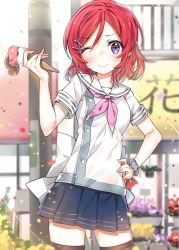 Rule 34 | 10s, 1girl, black thighhighs, blouse, blue skirt, bow, breasts, contrapposto, day, food, hair between eyes, hair ornament, hairclip, hand on own hip, ice cream, ice cream cone, ice cream cone spill, large bow, looking at viewer, love live!, love live! school idol project, medium breasts, neckerchief, nishikino maki, one eye closed, pink neckerchief, pleated skirt, purple eyes, red hair, sailor collar, school uniform, scrunchie, shirt, short hair, short sleeves, skirt, smile, solo, standing, thighhighs, white bow, white sailor collar, white shirt, wrist scrunchie, yuran