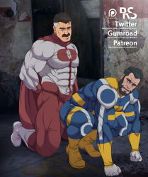 Rule 34 | 2boys, abraham lincoln, ass, bara, beard, black hair, blue bodysuit, bodysuit, boots, bulge, bulge to ass, cape, covered abs, covered erect nipples, covered navel, erection, erection under clothes, facial hair, full body, grey hair, highres, imminent penetration, invincible (series), knee boots, kneeling, large pectorals, male focus, mature male, multicolored hair, multiple boys, muscular, muscular male, mustache, navel, old, old man, omni-man, paid reward available, pectorals, red bodysuit, red cape, ryans, short hair, sideburns, squatting, the immortal (invincible), thick thighs, thighs, two-tone hair, white bodysuit, wrinkled skin, yaoi